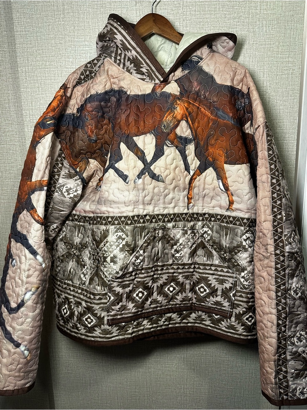 Handmade Quilted Horse Print Hooded Sweatshirt - Brown & Cream